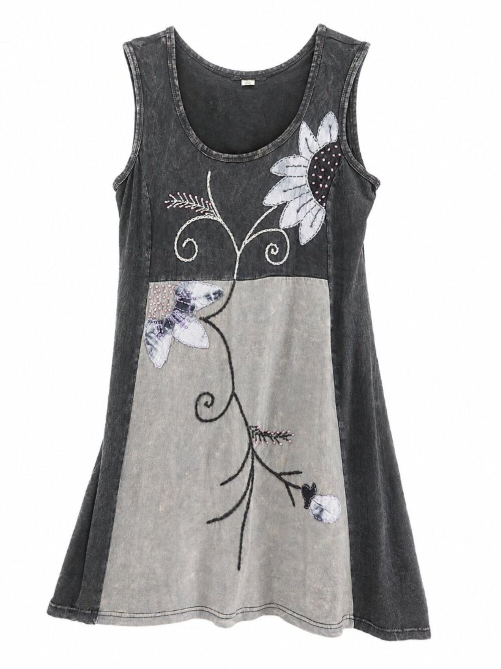 Leopards & Roses, Tank Dress, Boho Hippie Floral Embroidered, Grey, Size Medium